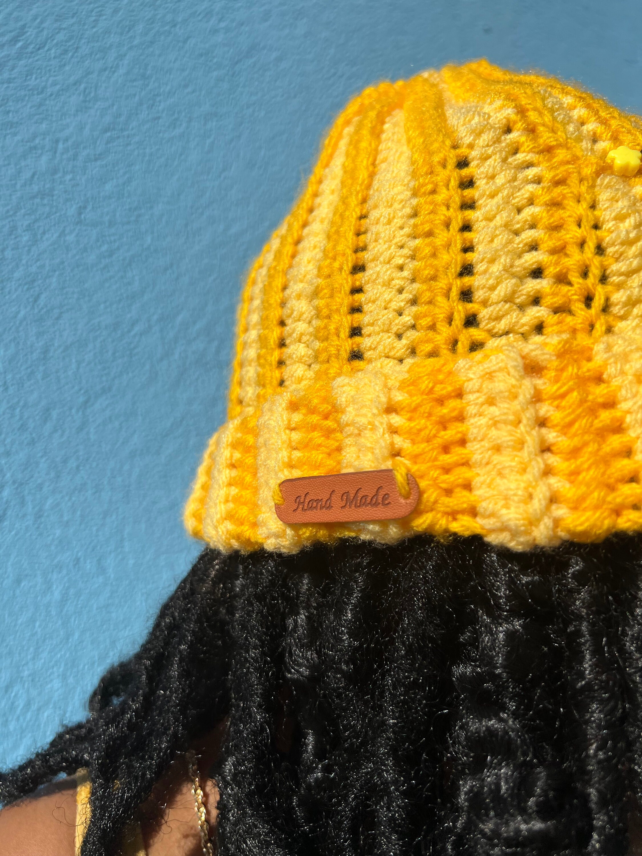 Handmade Striped Crochet Hat in Yellow, Brown, Cream. Unisex set of 5 Taupe Brown and Beige Striped Crochet Beanie, Medium Weight  main image 4