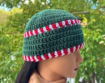 Hunter Green Double Red & White Striped Christmas Handmade Crochet Beanie Hat