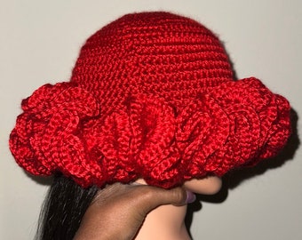 Red Rose Big Ruffle Handmade Crochet Bucket Hat