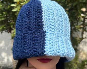 Blue Color Block Handmade Crochet Beanie Hat - Etsy display picture 2