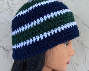 Navy Blue & Hunter Green Handmade Crochet Round Beanie Hat with White Stripes