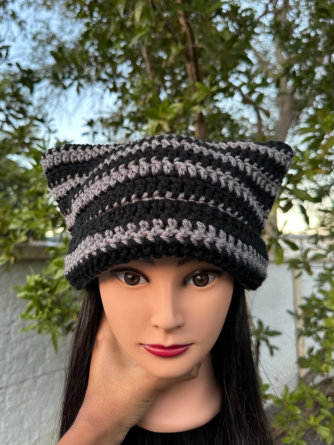 Black & Gray Handmade Crochet Cat Ears Beanie Hat - Etsy