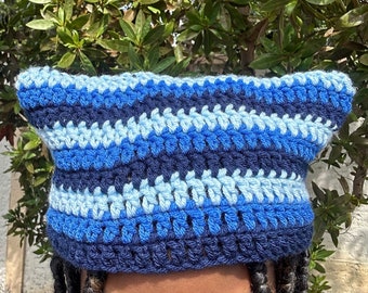 Blue Thick Striped Handmade Crochet Cat Ears Beanie Hat Short