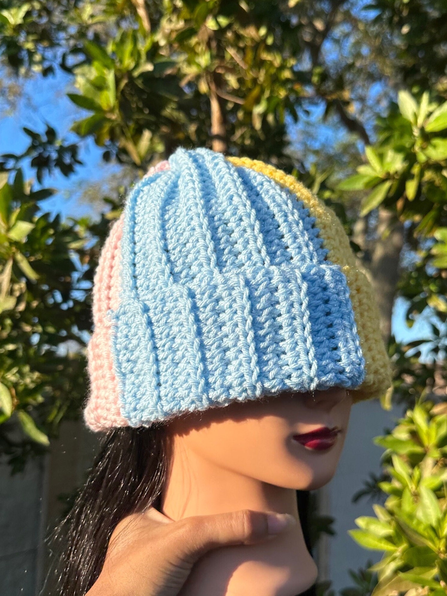 Handmade Crochet Virgin Wool Beanie Hat Blue White‎ Colorblock Textured Knit NEW This bold overlay mosaic beanie is still one of my favorite  main image 3