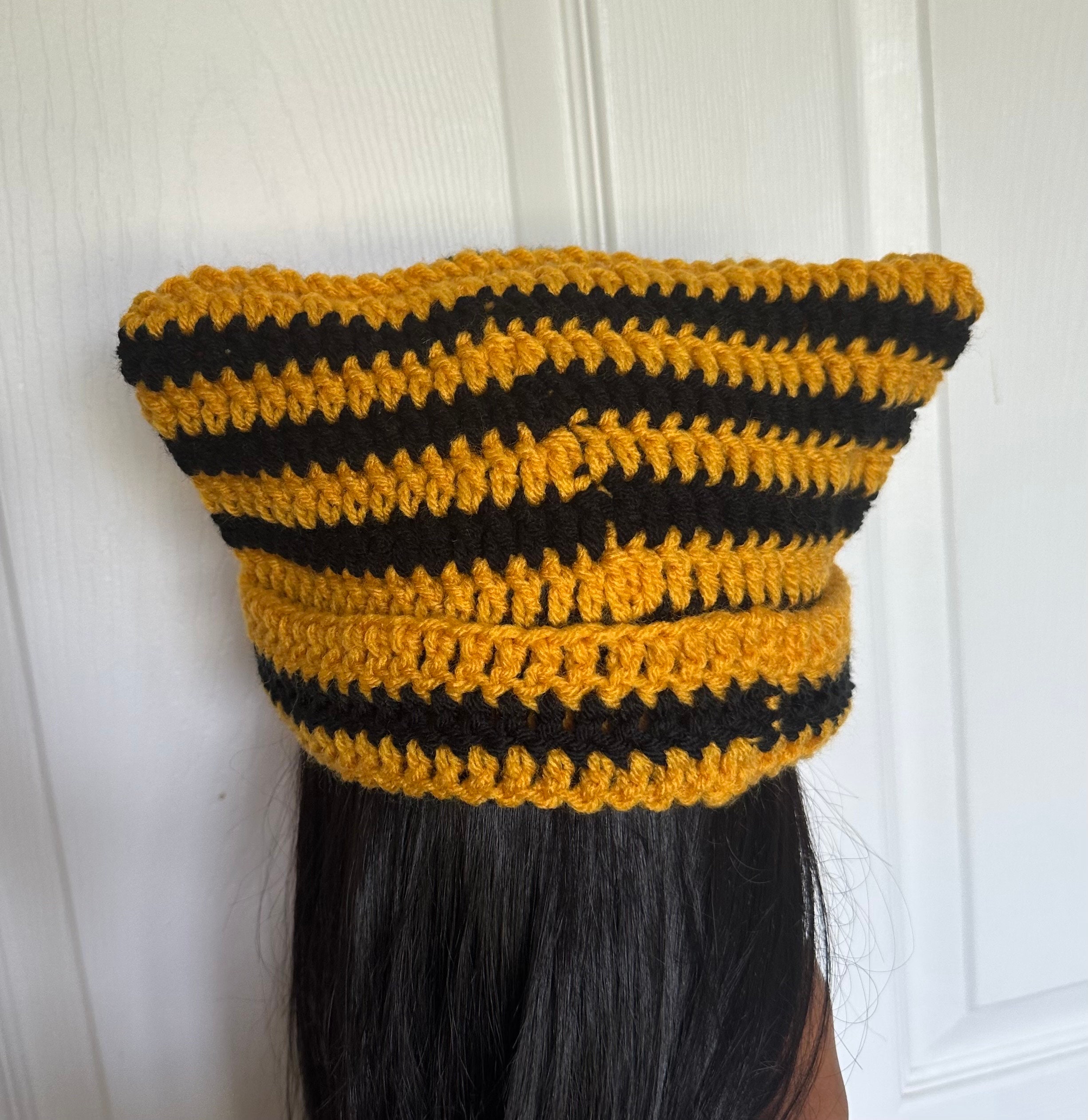 Black and Yellow Cat Ear Hat Black & Yellow Striped Cat Ears Beanie ?? »... | Depop main image 4