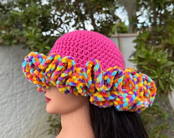 Hot Pink with Neon Big Ruffles Handmade Crochet Bucket Hat