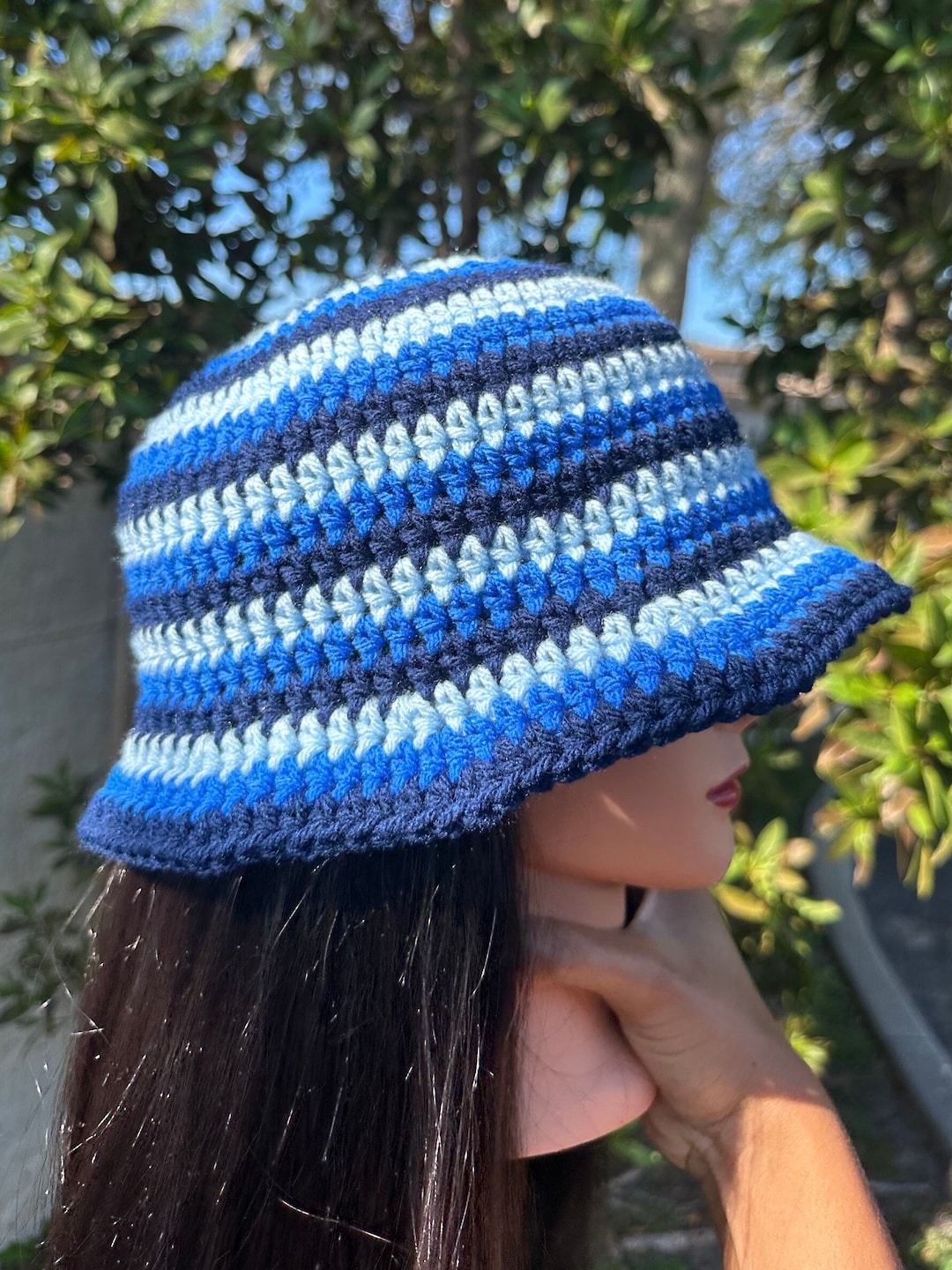 Blue Striped Handmade Crochet Bucket Hat Flare - Etsy