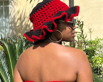 Red & Black Breathable Crochet Bucket Hat