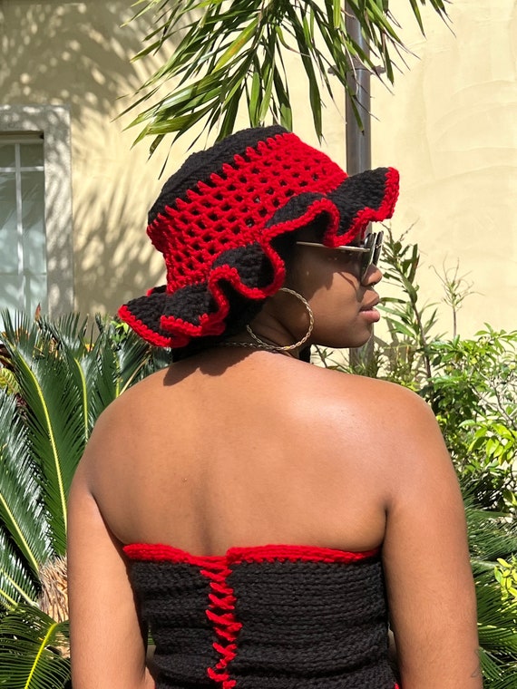 Red & Black Breathable Crochet Bucket Hat 