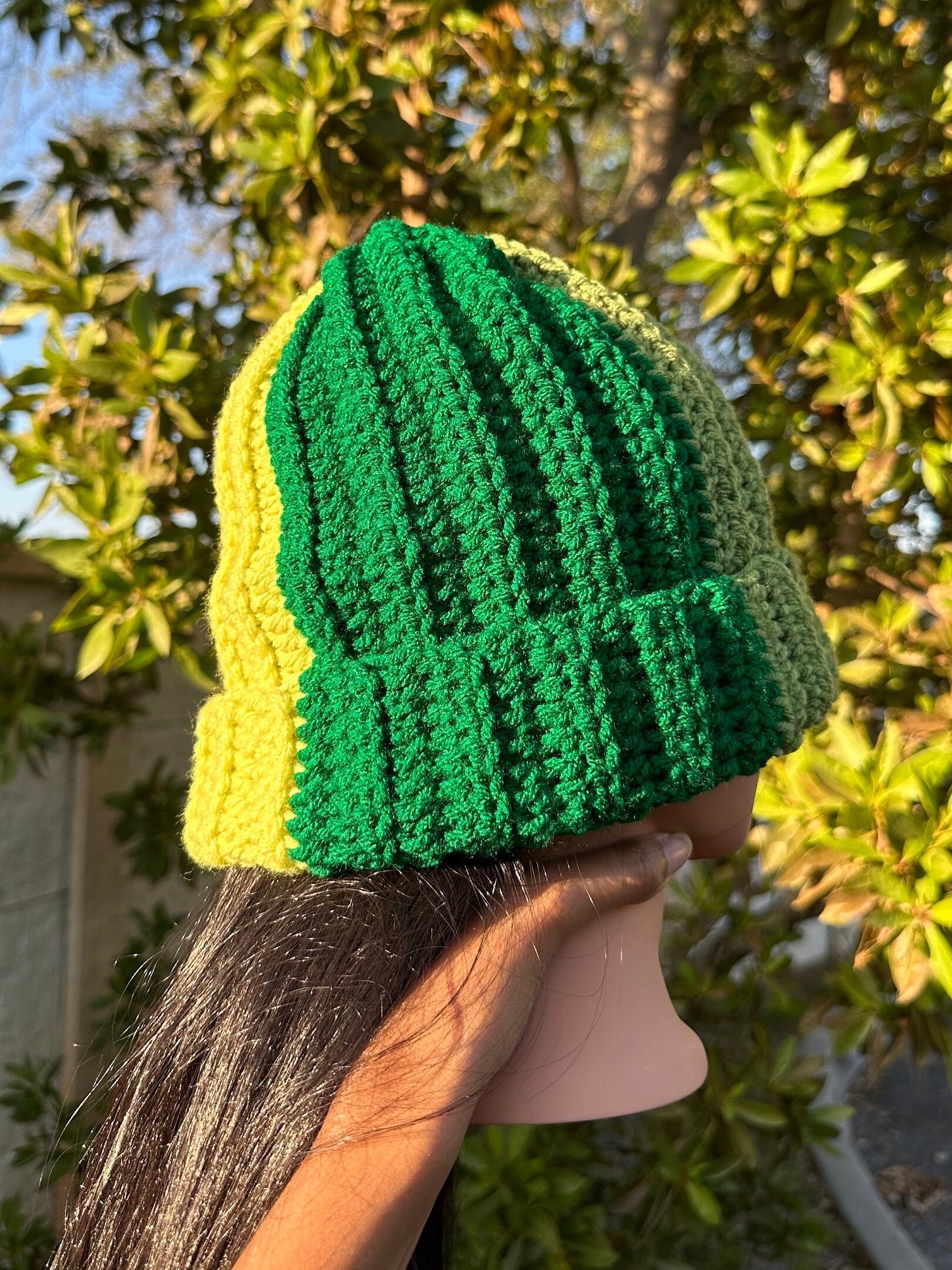 Hand made crocheted beanie NWOT. Color is green and the materials very stretchy! il_fullxfull.6242731414_ba5d.jpg main image 3