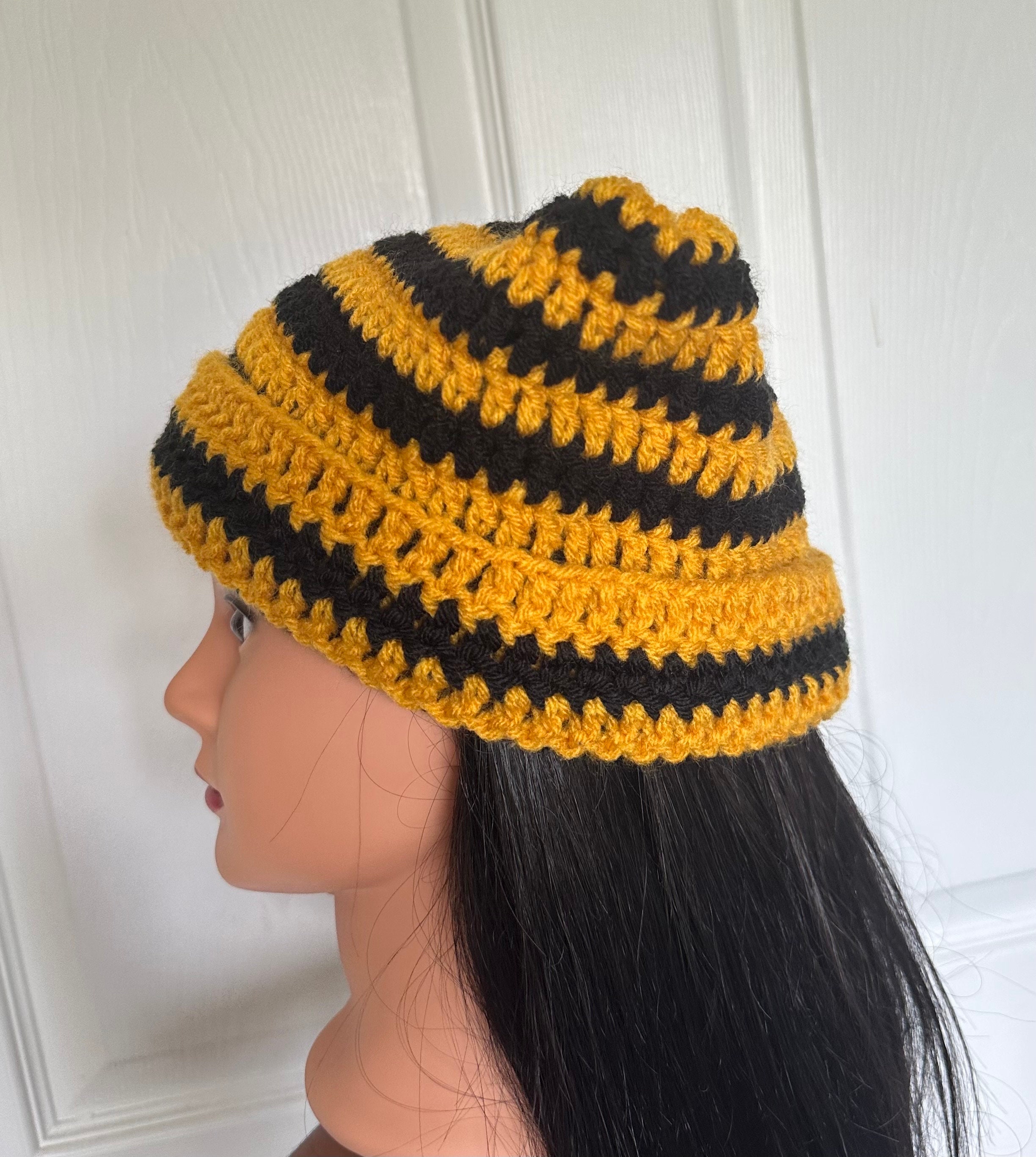 Black and Yellow Cat Ear Hat Black & Yellow Striped Cat Ears Beanie ?? »... | Depop main image 2