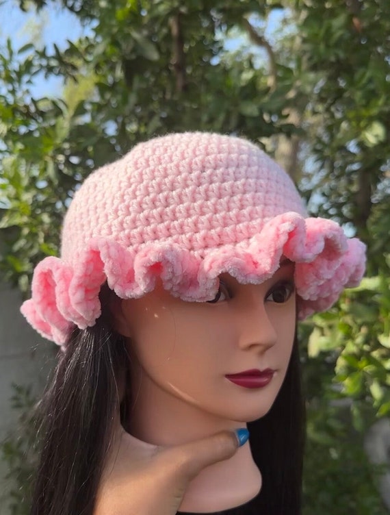Baby Pink Handmade Crochet Bucket Hat With Velvet Frills - Etsy display picture 2