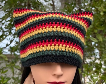 Black History Month Black, Red, Green, & Yellow Handmade Crochet Cat Ears Beanie Hat