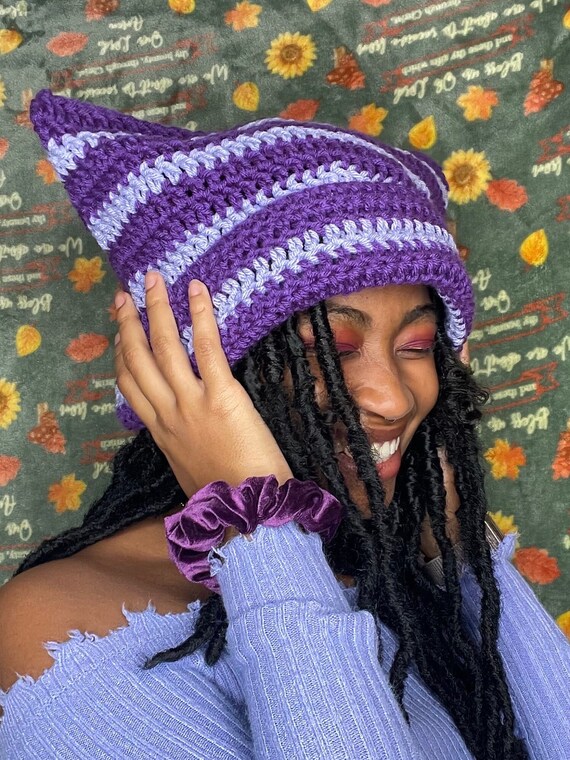 Femme Crochet Bonnet Chat Oreille Chapeau Casquette Tricoté Rayé Mignon  Casual