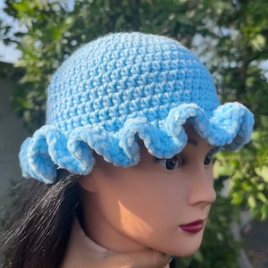 Baby Blue Handmade Crochet Bucket Hat with Velvet Frills