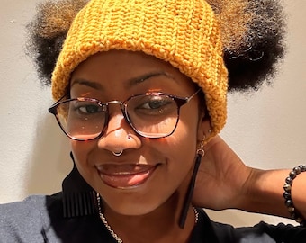 Golden Yellow Handmade Crochet Space Bun Beanie Hat