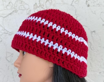 Red Handmade Crochet Round Beanie Hat with White Stripes