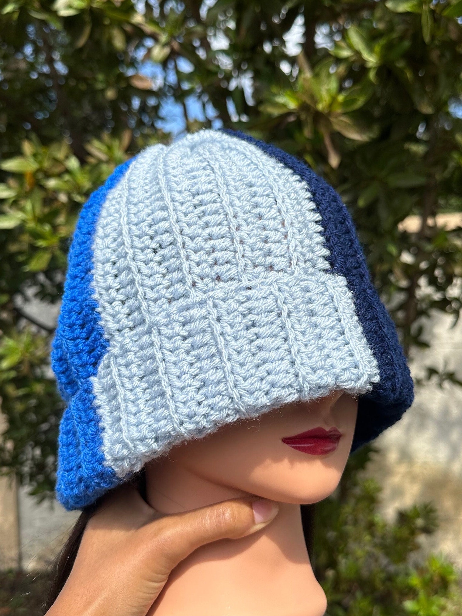 Handmade Crochet Virgin Wool Beanie Hat Blue White‎ Colorblock Textured Knit NEW This bold overlay mosaic beanie is still one of my favorite  main image 4