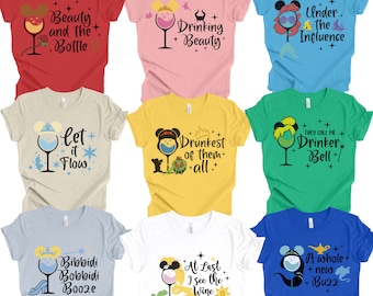 May include: Nine different t-shirt designs featuring Disney characters and wine glasses with humorous sayings. The shirts are in various colors, including red, pink, yellow, green, blue, light blue, and gray.
