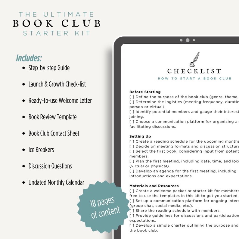 May include: A checklist for starting a book club with 18 pages of content. The checklist includes sections for before starting, setting up, and materials and resources. The checklist is titled "Checklist: How to Start a Book Club".