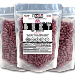 May include: Three clear resealable pouches filled with dark red beet root capsules. The central label features the text Zee Herbs, 100% Pure Beet Root Capsules, Beta vulgaris, and lists supplement facts, ingredients, and dietary icons.