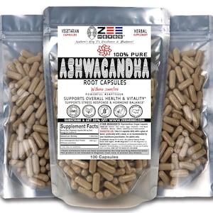 May include: Three silver foil pouches filled with light brown Ashwagandha root capsules. The center label reads 100% Pure Ashwagandha Root Capsules, Zee Herbs, and lists supplement facts, including 1500 mg of pure Ashwagandha root powder per serving.