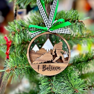 Believe in Bigfoot Ornament: Starry Sky, Mountains, yeti, Sasquatch with Christmas Tree - Customized - Camping, Outdoor Enthusiast Gift