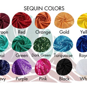 Op de afbeelding: Een kaart met 15 verschillende kleuren paillettenstof. De kleuren zijn: bordeauxrood, rood, oranje, goud, geel, teal, groen, donkergroen, turquoise, koninklijkblauw, donkerblauw, paars, roze, zwart en wit.