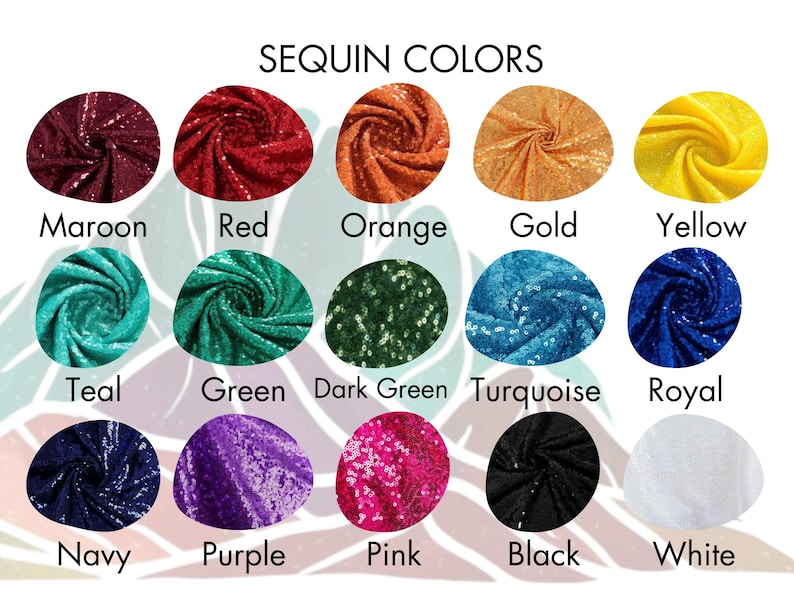 Op de afbeelding: Een kaart met 15 verschillende kleuren paillettenstof. De kleuren zijn: bordeauxrood, rood, oranje, goud, geel, teal, groen, donkergroen, turquoise, koninklijkblauw, donkerblauw, paars, roze, zwart en wit.