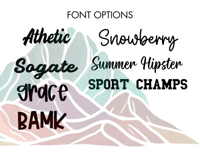 Op de afbeelding: Een grafisch ontwerpbeeld met een bergachtige achtergrond en tekst die bovenaan "FONT OPTIONS" luidt. De tekst "Athetic", "Snowberry", "Sogate", "Summer Hipster", "Grace", "SPORT CHAMPS" en "BAMK" wordt weergegeven in verschillende lettertypen.