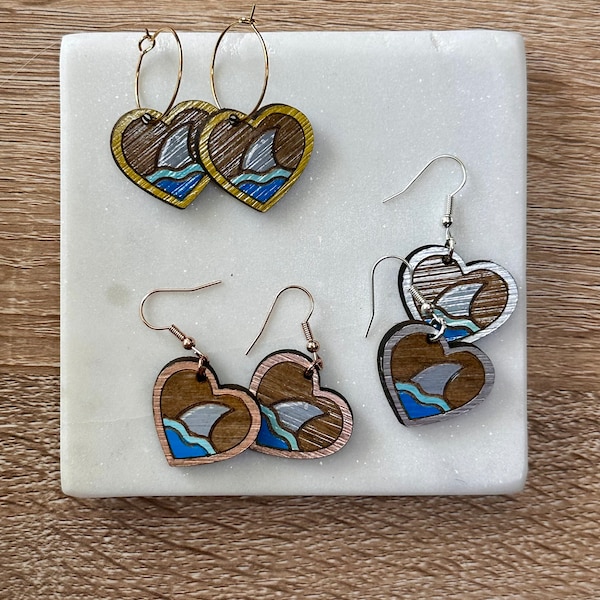 Shark Heart Handpainted Wooden Dangle Earrings - Reclaimed, Upcycled, and Lightweight for everyday wear.