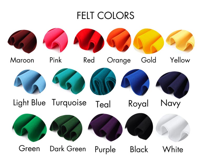 Op de afbeelding: Een kaart met 15 verschillende viltkleuren, waaronder bordeauxrood, roze, rood, oranje, goud, geel, lichtblauw, turquoise, teal, koninklijkblauw, marineblauw, groen, donkergroen, paars, zwart en wit.