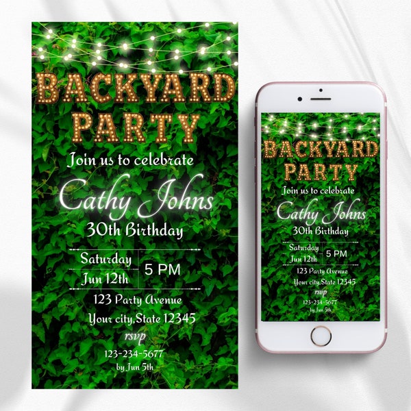 Backyard Party Digital Invitation,Spring Summer Evite,Animated Party Outdoors Patio Lights,Mobile Video Invite Text,Canva Template