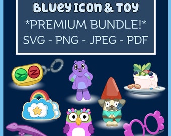 Bluey SVG - PNG - JPG - pdf Bundle- Bluey Icons and Toys- Bluey Svg Cricut Bundle- Birthday Party Favors- Goody Bag Materials- Gift Supplies