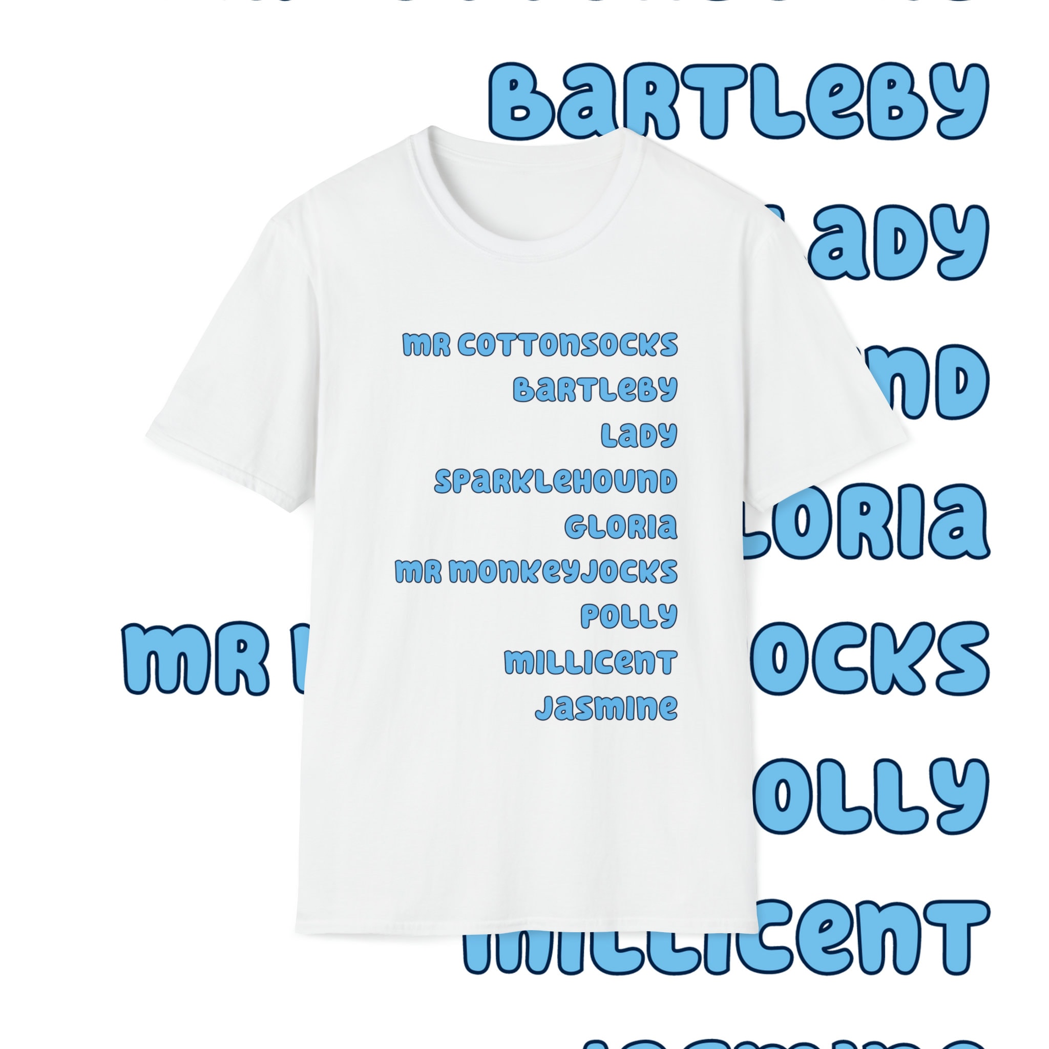 Bluey Inspired List of Imagination Names Unisex Soft T-Shirt- Bluey Dad Shirt- Bluey Shirt Adult- Bluey Birthday Shirt- Funny Tshirt
