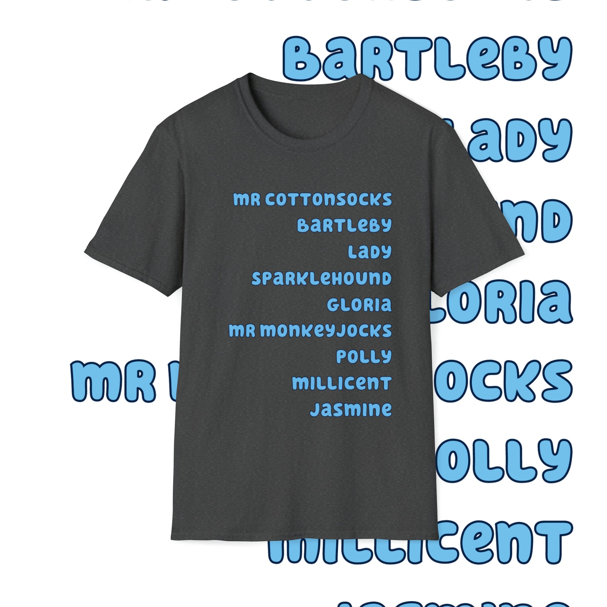 Bluey Inspired chest Names List Unisex Soft Style T-shirt Bluey Shirt Adult  Bluey Birthday Shirt Christmas Gifts for Women Bluey Font 