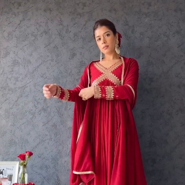 Alia-Cut Gown with Dupatta Set For Women, Indian Designer Salwar Kameez, Readymade Party/Ethnic Wear Gown, Anarkali Long Flared Girls dress