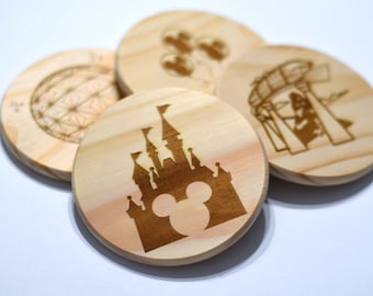 You Choose | Laser Engraved Disney Inspired Wooden Coaster Set | Magic Kingdom | EPCOT | Animal Kingdom | Hollywood Studios