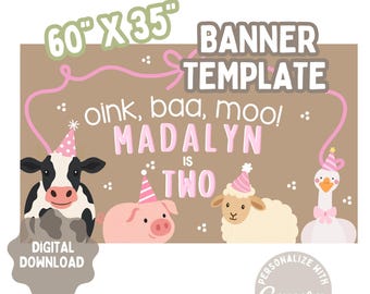 オインク・バー・ムー 2歳の誕生日バナーテンプレート | デジタルダウンロード | 農場テーマのバナー