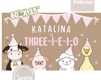 Plantilla de pancarta de cumpleaños número 3 con animales de granja / Descarga digital / TRES-I-E-I-O