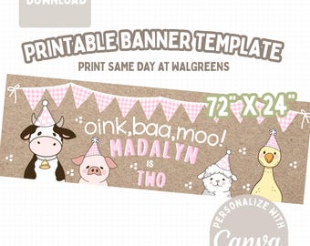 Plantilla de pancarta imprimible para el segundo cumpleaños de Oink Baa Moo / Letrero DIY de Walgreens de 2x6 pulgadas / Descarga digital