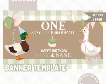 双子の誕生日バナーテンプレート | ばかげたガチョウと幸運のアヒル | デジタルダウンロード