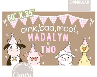 Plantilla de pancarta de cumpleaños número 2 "Oink baa moo" / Descarga digital / Pancarta con temática de granja