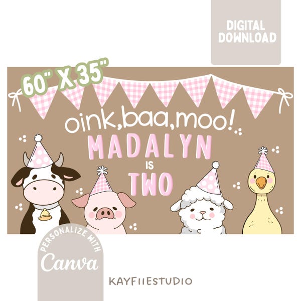 Knor baa moo sjabloon voor spandoek 2e verjaardag | Digitale download | Banner met boerderijthema