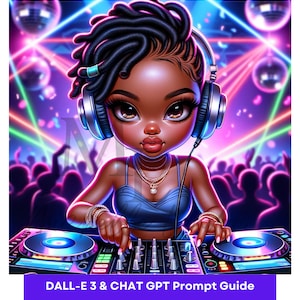 Pode incluir: Uma ilustração digital de uma mulher negra a ser DJ numa discoteca iluminada com luzes de néon. Ela está usando um top azul curto, fones de ouvido e uma corrente de ouro. Ela está misturando música numa mesa de mistura de DJ com uma vitrola. O texto "GO DJ" está escrito em letras brancas sobre um fundo roxo.