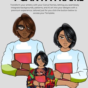 May include: Four digital illustrations of women with short black hair, wearing colourful clothing and holding red notebooks. The text "4 CANVA FRAME" is at the top of the image. The text "Michelle Landon" and "Landonprintables.etsy.com" is at the bottom of the image.
