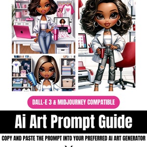 May include: A digital illustration of a Black woman with long curly hair wearing a white jacket, a white tank top, ripped jeans, and holding a red cup. She is standing in a room with a red chair, a computer, and a Cricut machine. The text "DALL-E 3 & MIDJOURNEY COMPATIBLE" is at the bottom of the image.