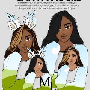 May include: Three digital illustrations of women with brown skin and long black hair wearing white shirts and sweaters with a green and blue landscape design. The women are wearing reindeer antlers. The text "M Michelle Landon" is at the bottom of the image.