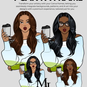 Könnte beinhalten: Vier digitale Illustrationen von Frauen mit verschiedenen Frisuren und Outfits, jede hält eine Kaffeetasse. Die Illustrationen sind im Cartoon-Stil gehalten und haben eine helle, farbenfrohe Ästhetik. Der Text "4 CANVA FRAME" und "ML Michelle Landon" ist oben und unten im Bild sichtbar.