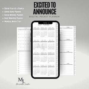 Puede incluir: Una agenda de bolsillo digital en blanco y negro con el texto "2024 Calendar" y "Excited to Announce" en la parte superior. La agenda incluye una vista general del año, vistas diarias, semanales y mensuales. La agenda está diseñada con un inicio de semana el lunes.